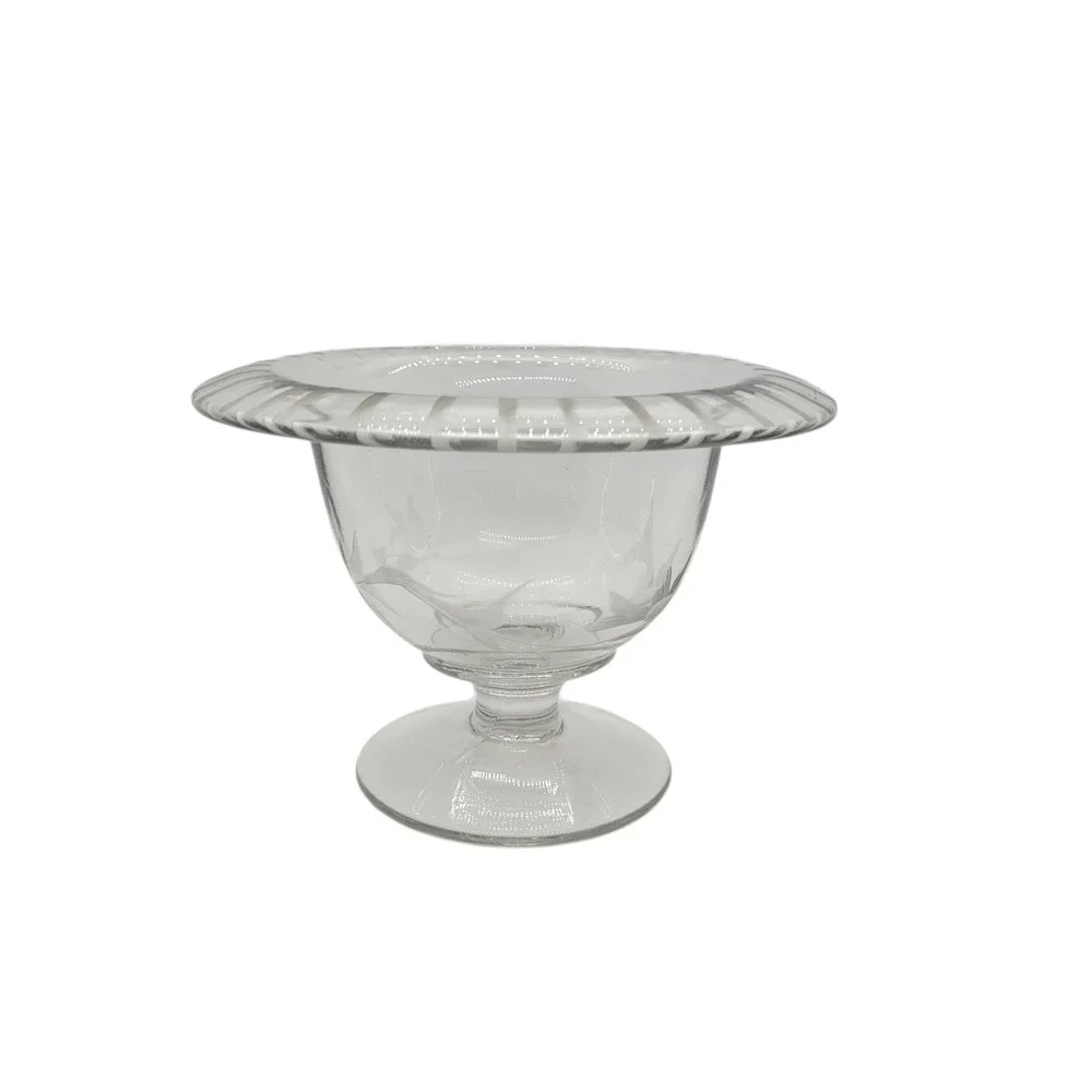 Vintage Etched Glass Footed Bowl Floral Butterfly Frosted Striped Rim Compote‎